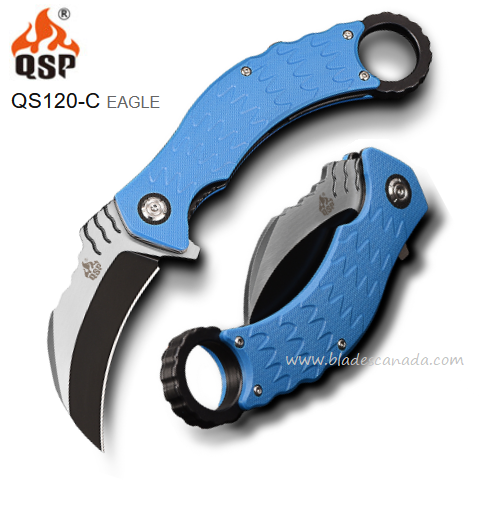 QSP Eagle Karambit Flipper Folding Knife, D2 Two-Tone, G10 Blue, QS120-C - Click Image to Close